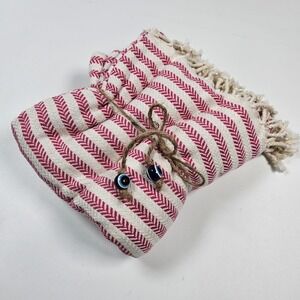 Laura Jane Turkish Cotton Packable Bag Tote Pink White Herringbone Stripe Tassel